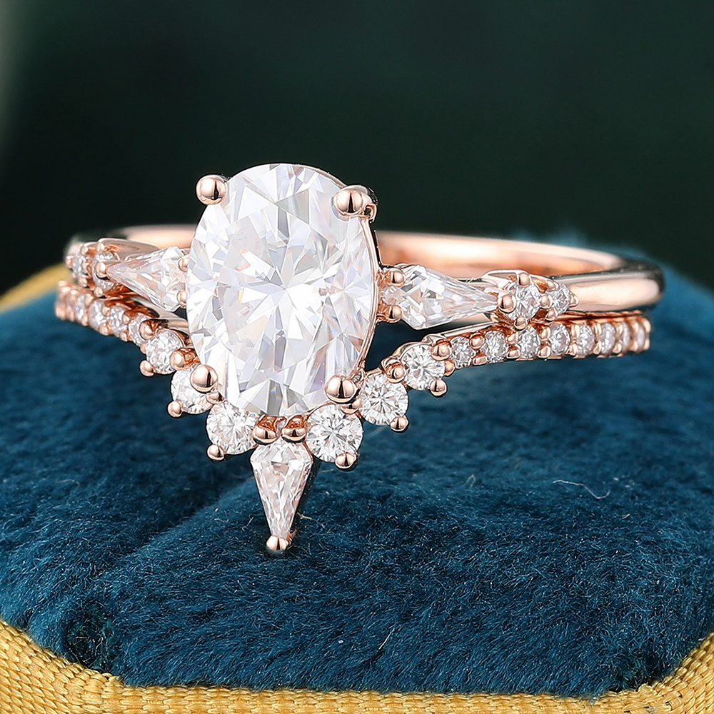 Juyoyo Oval Moissanite Bridal Ring Set Pave Diamond Wedding Band Cluster Wedding Ring Set - 2pcs