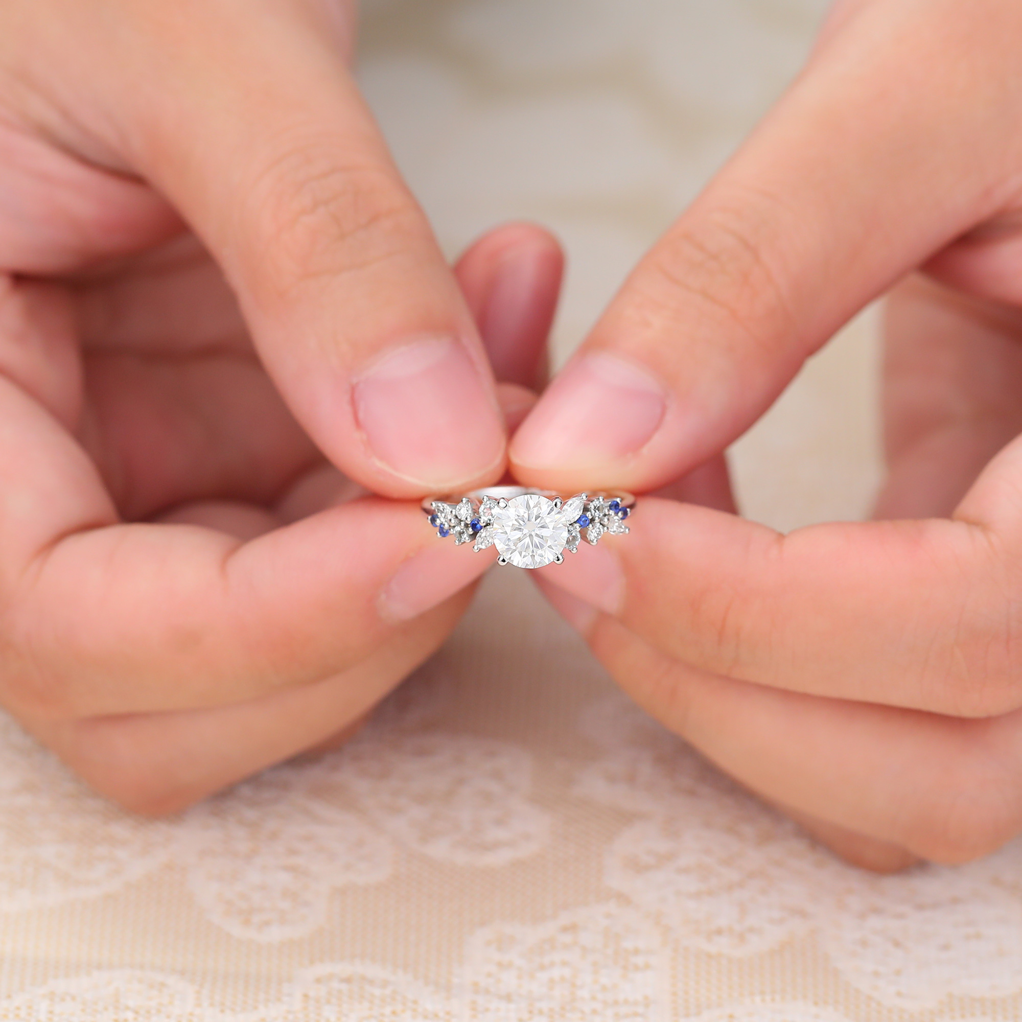 Juyoyo Round Moissanite Cluster Engagement Ring with Sapphire & Aquamarine & Diamond Accents 