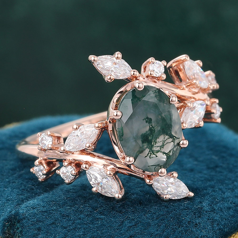 Oval Cut Moss Agate Engagement Ring Twig Inspired Promise Ring in Rose Gold
