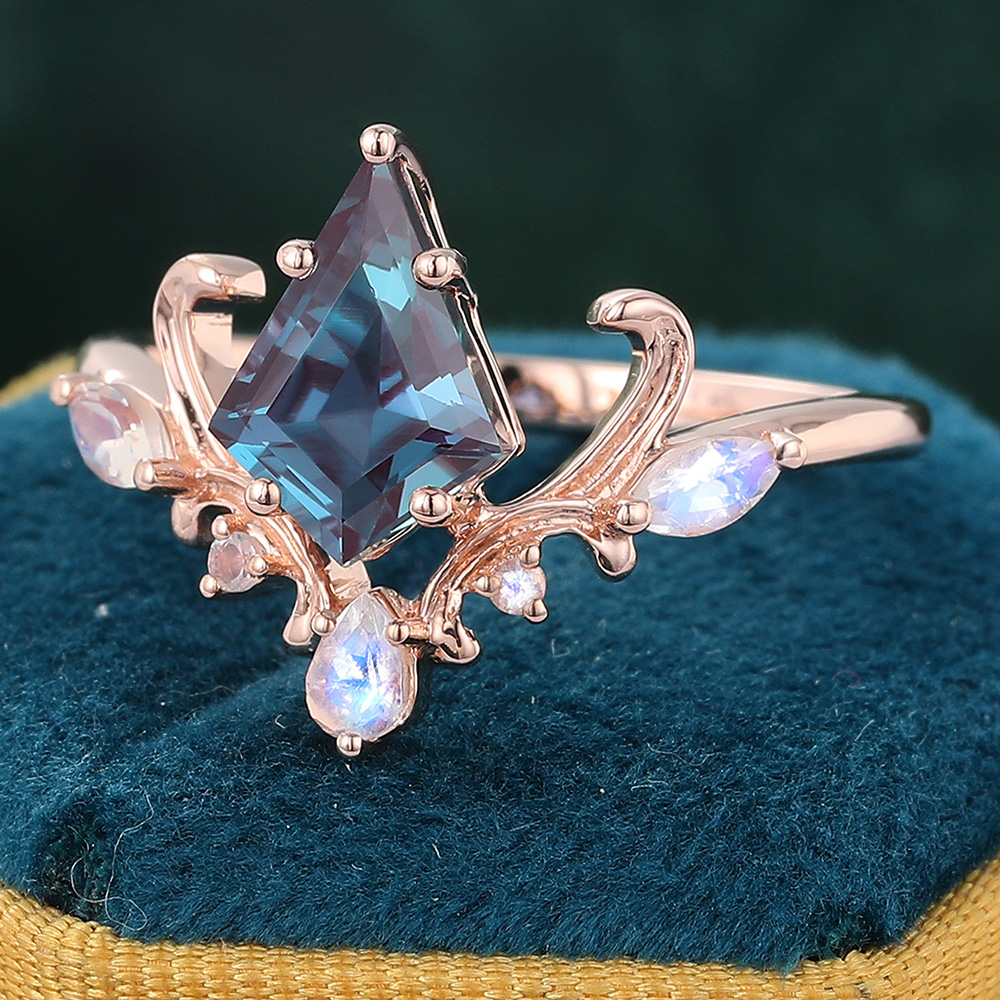 Juyoyo Unique Kite Cut Alexandrite Engagement Ring 14K Rose Gold Moonstone Ring June Birthstone