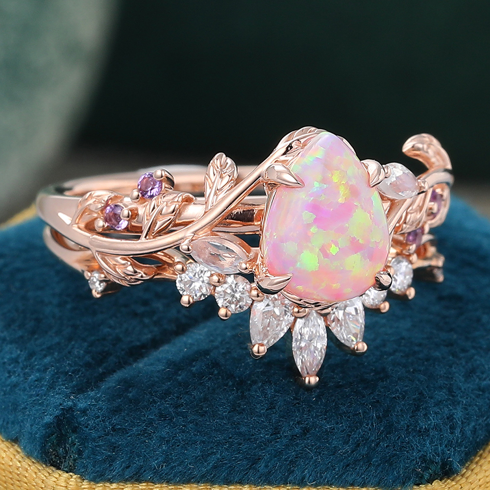 Juyoyo Pear Shaped Pink Opal Engagement Ring Set Vintage Natural Inspired Leaf Wedding Ring Set