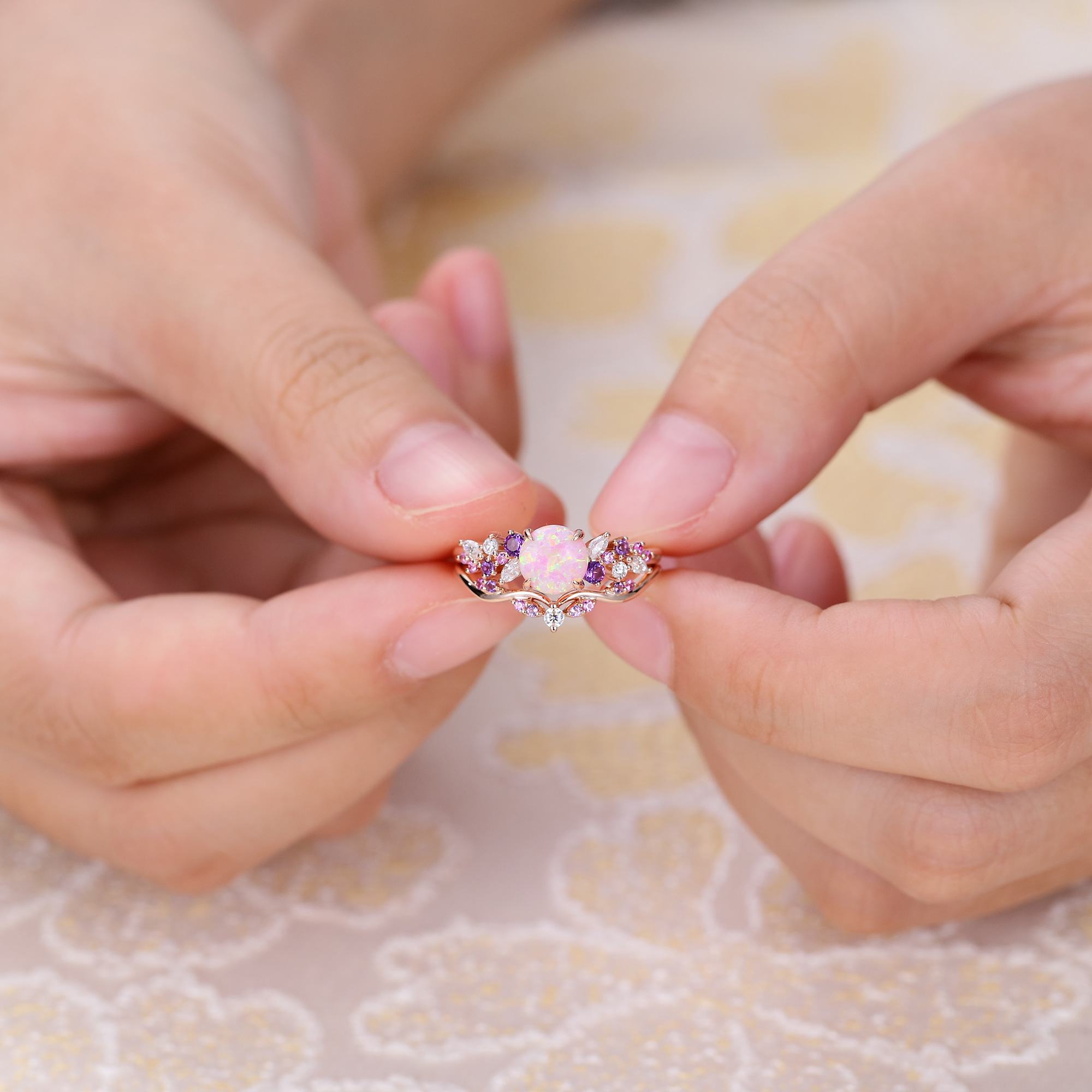 Juyoyo Round Pink Opal Engagement Ring Set Nature Inspired Bridal Set 14K Rose Gold