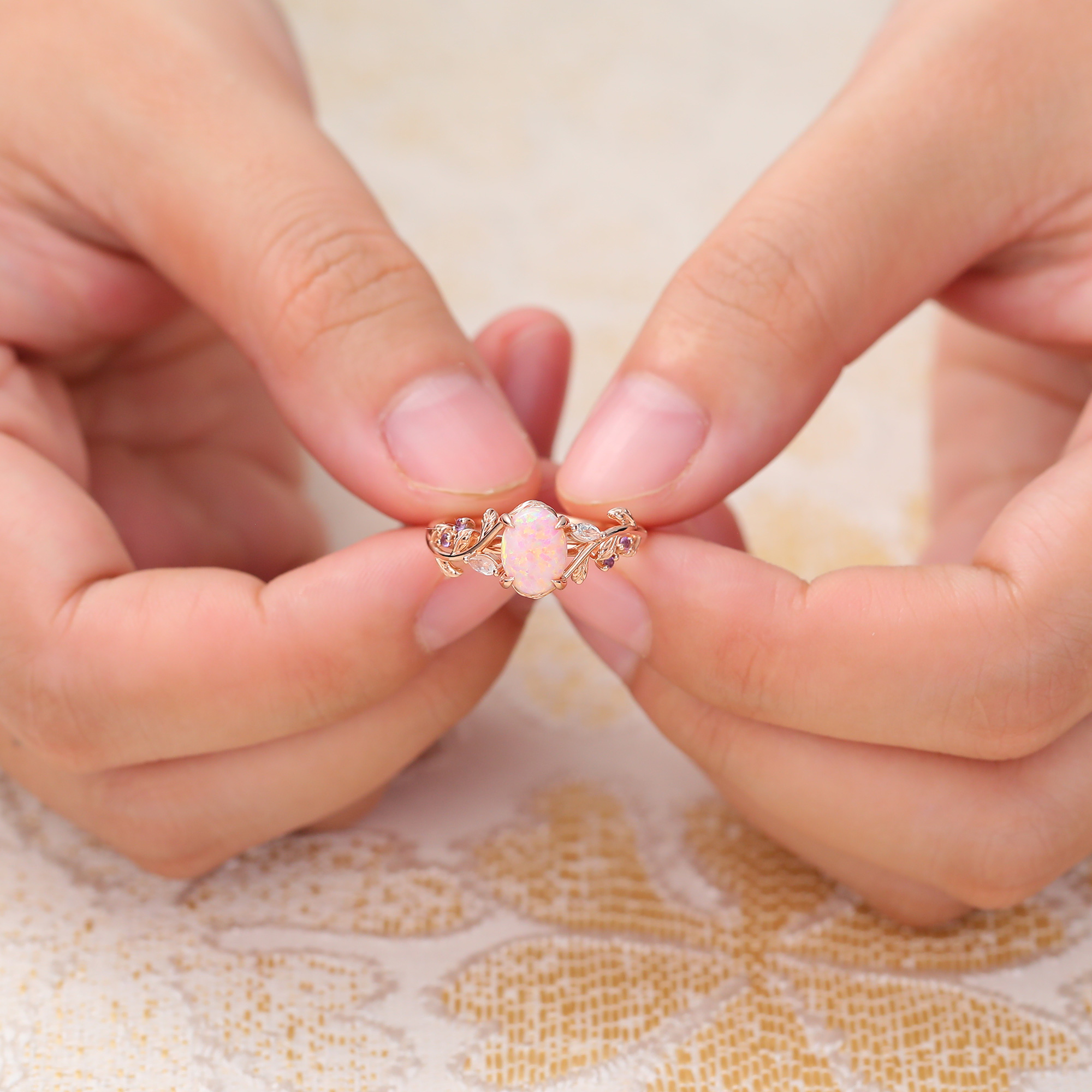 Juyoyo Nature-Inspired 6*8mm Oval Cut Lab Pink Opal Engagement Ring