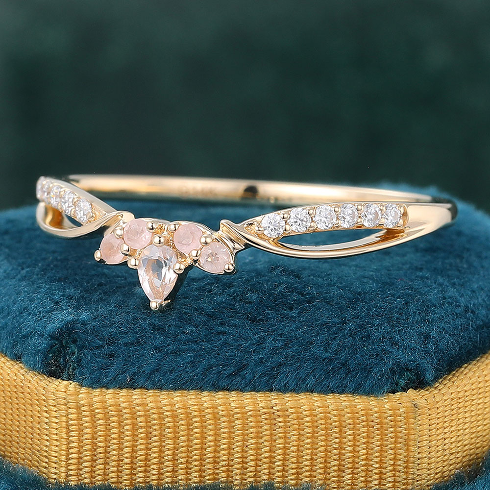 Juyoyo Dainty Pear Shaped Rose Quartz Ring Diamond Curved Wedding Band in 14K Yellow Gold