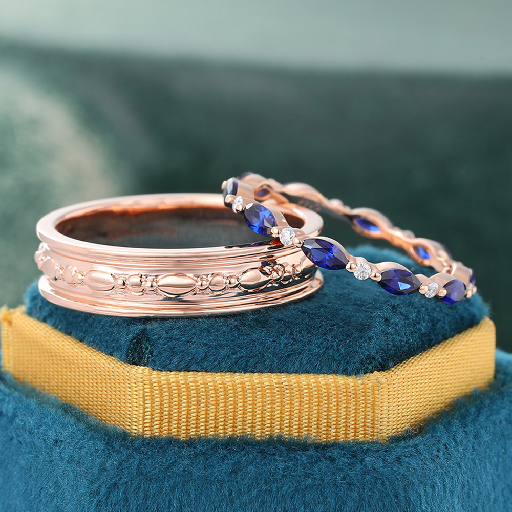 Juyoyo Marquise Cut Sapphire Couple Rings For Men & Women Rose Gold Double Band Bridal Set - 2pcs