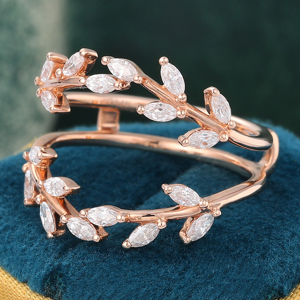Juyoyo Rose Gold Marquise Cut Moissanite Double Curved Wedding Band Delicate Leaf Shape Enhancer