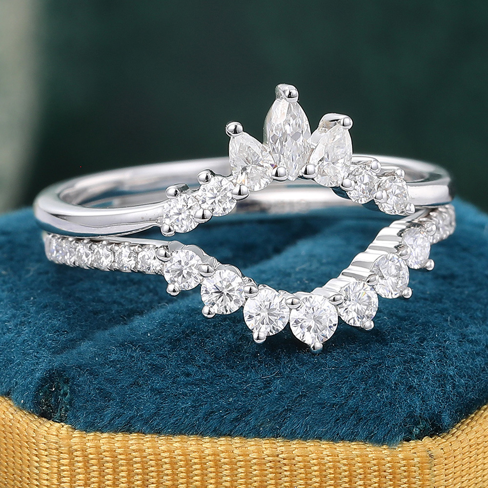 Juyoyo White Gold Moissanite Double Curved Wedding Band Vintage Stackable Band