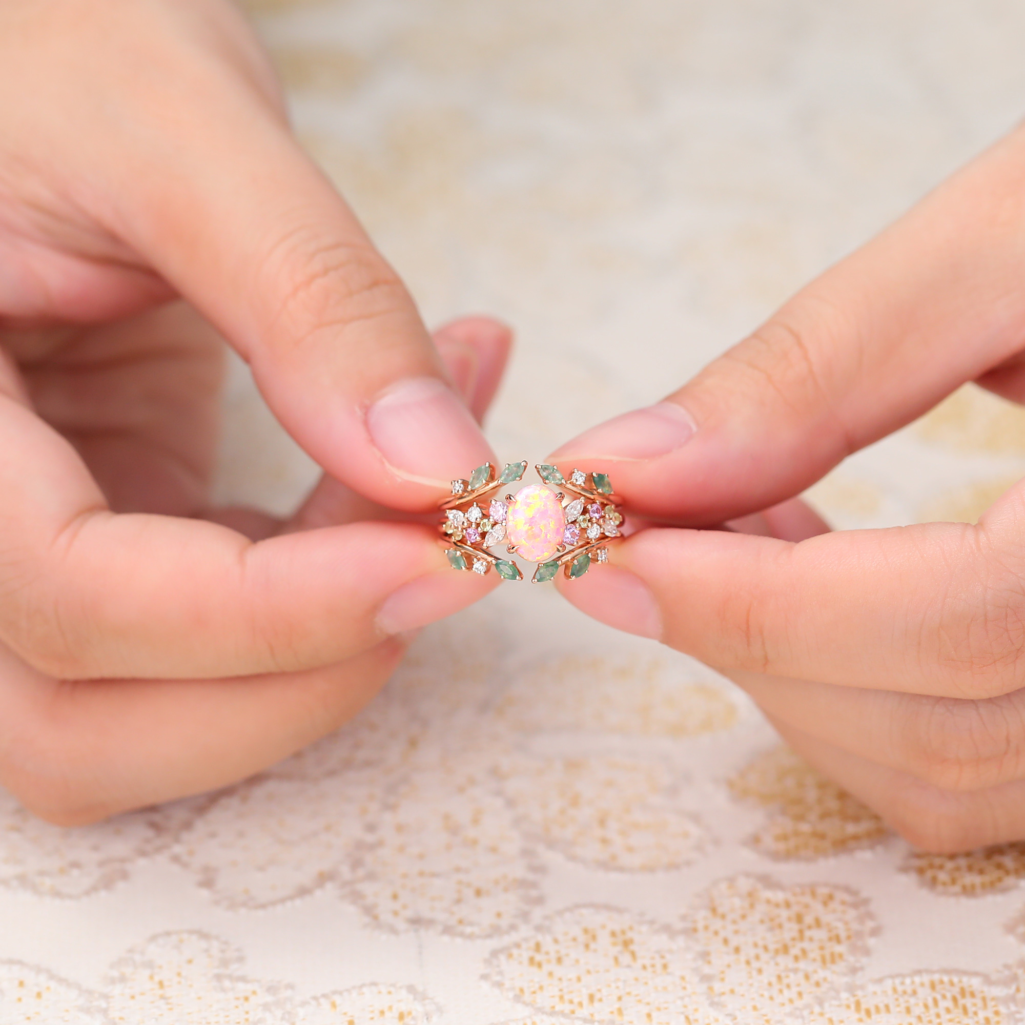 Juyoyo Oval Cut Pink Opal Bridal Ring Set Vintage Nature Inspired Double Curved Wedding Band