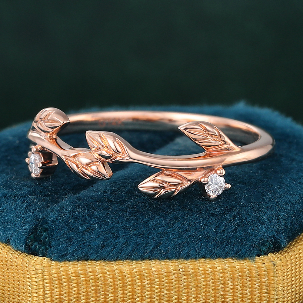 Juyoyo 14K Rose Gold Moissanite Diamond Curved Wedding Band Leaf Vine Stacking Ring for Women