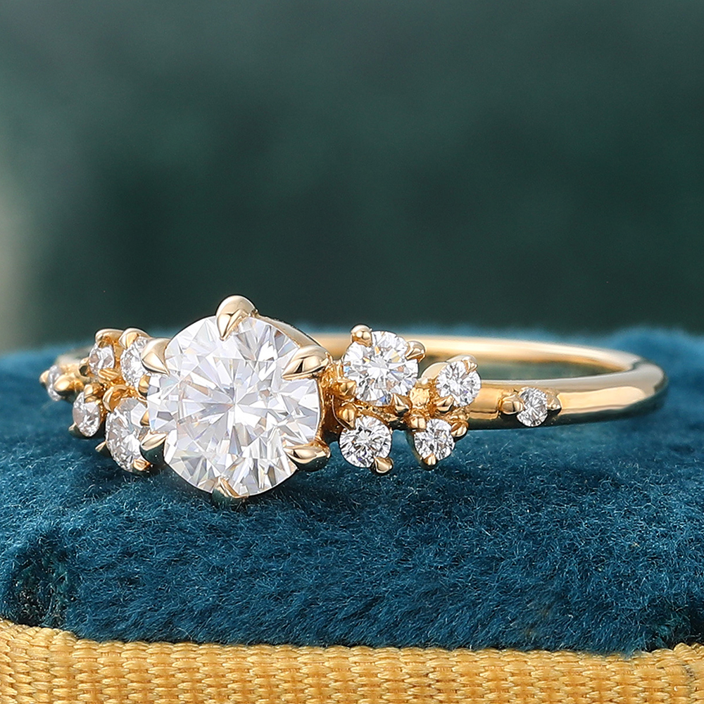 Round Moissanite Engagement Ring Cluster Bridal Ring for Women in 14K Yellow Gold