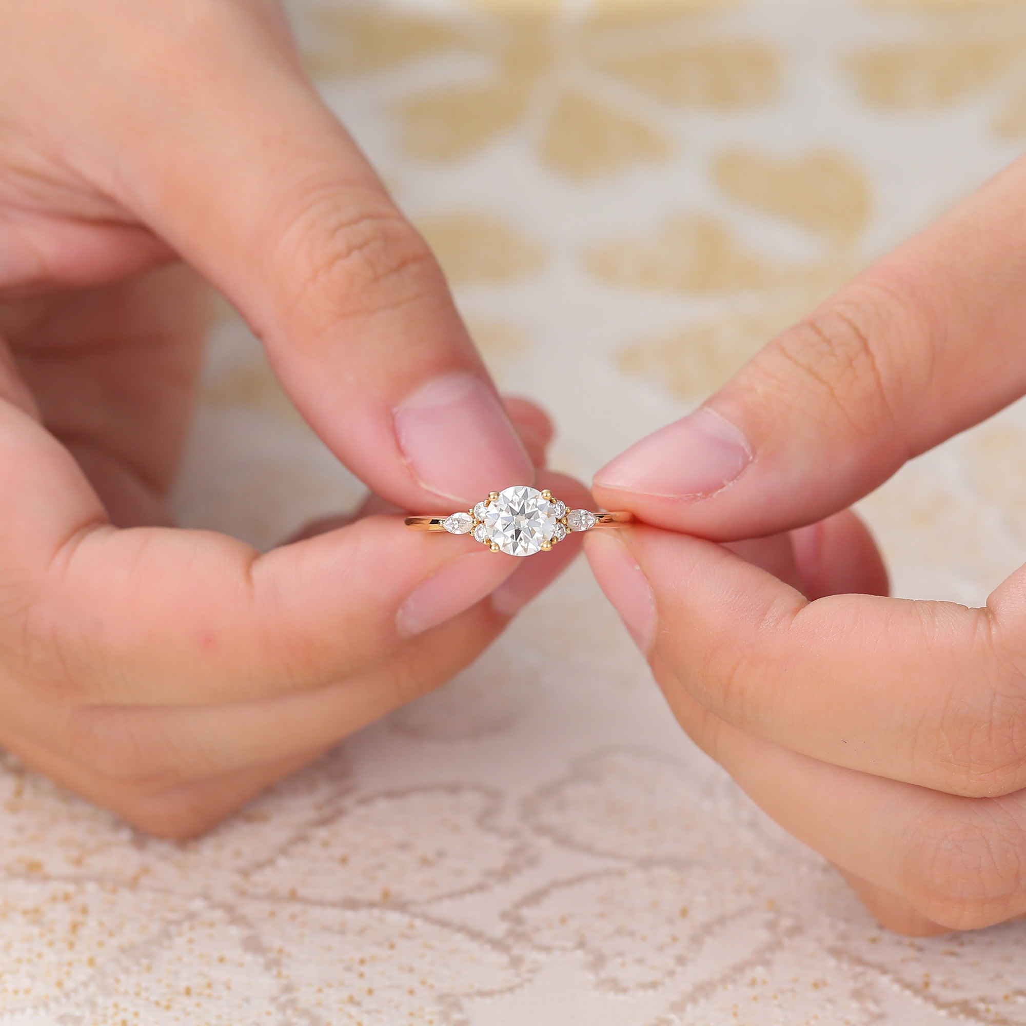 Juyoyo Round Cut Moissanite Engagement Ring Vintage Cluster Wedding Ring in 14K Yellow Gold