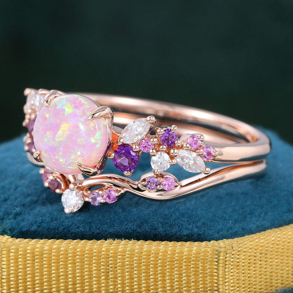 Juyoyo Round Pink Opal Engagement Ring Set Nature Inspired Bridal Set 14K Rose Gold