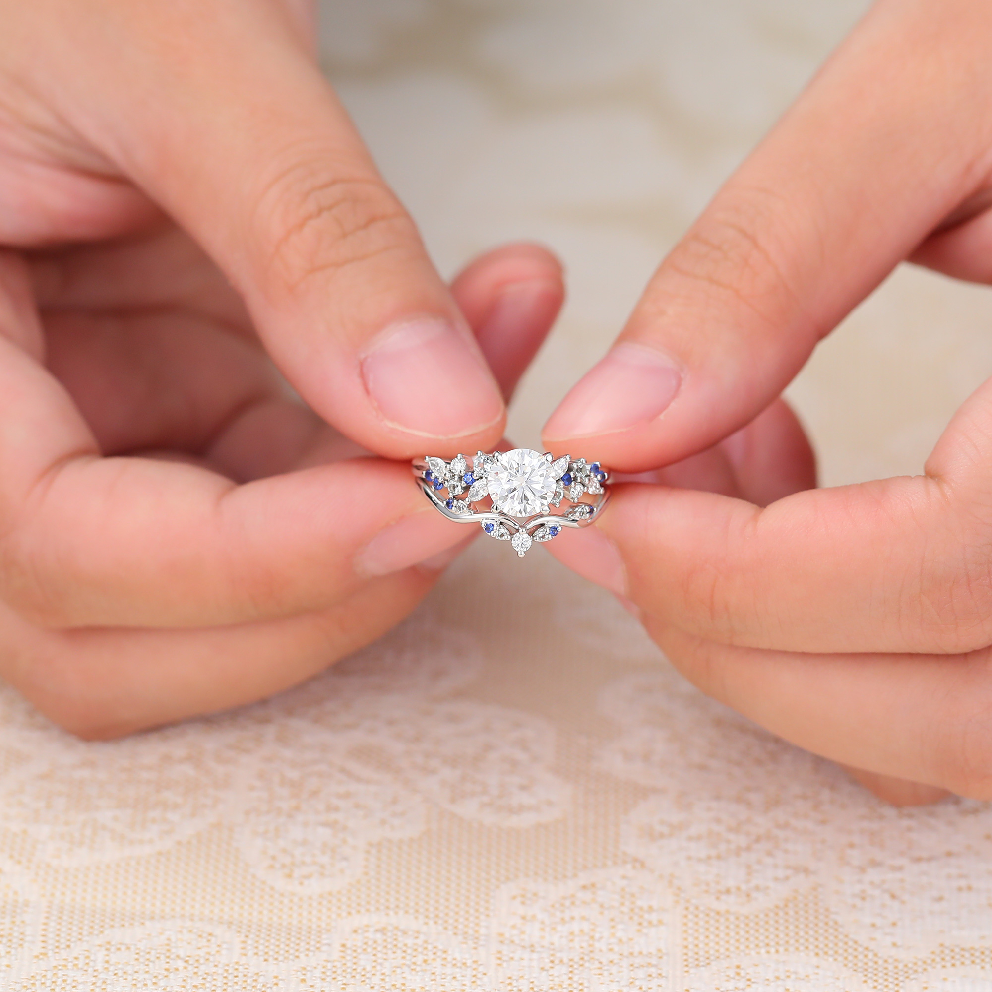 Juyoyo Round Cut Moissanite Bridal Ring Set Cluster Engagement Ring