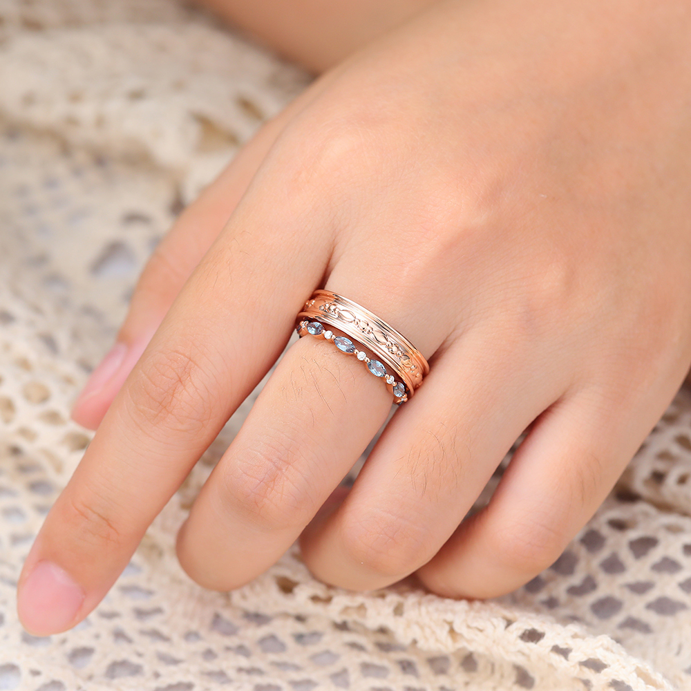 Juyoyo Marquise Cut Alexandrite Couple Rings For Men & Women Rose Gold Double Band Bridal Set - 2pcs