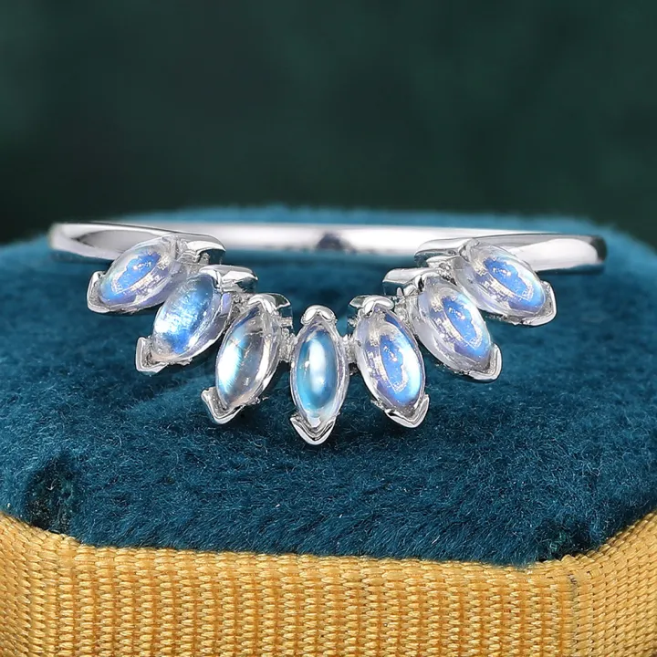 Juyoyo Unique Blue Moonstone Crown Curved Stacking Wedding Ring