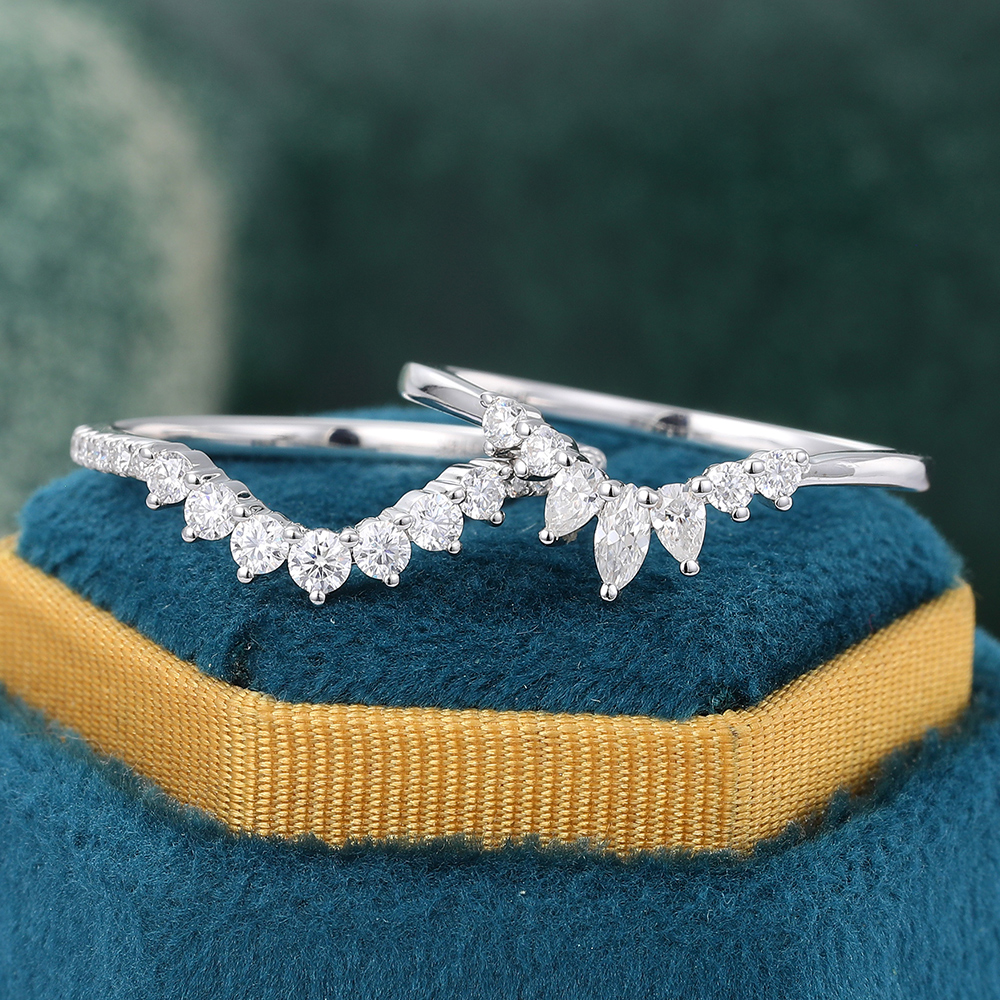 Juyoyo White Gold Moissanite Double Curved Wedding Band Vintage Stackable Band