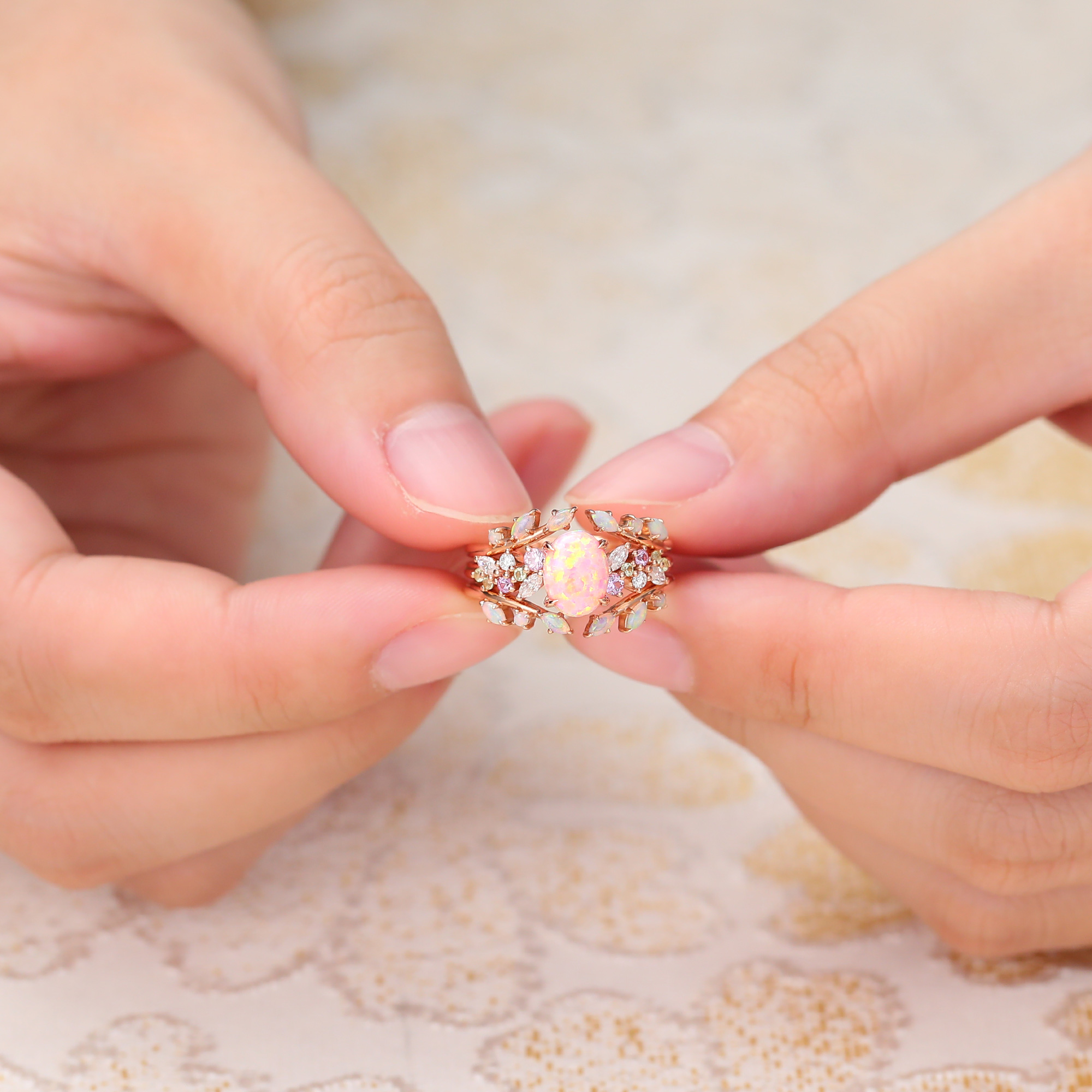 Juyoyo Oval Cut Pink Opal Bridal Ring Set Vintage Nature Inspired Engagement Rings Rose Gold