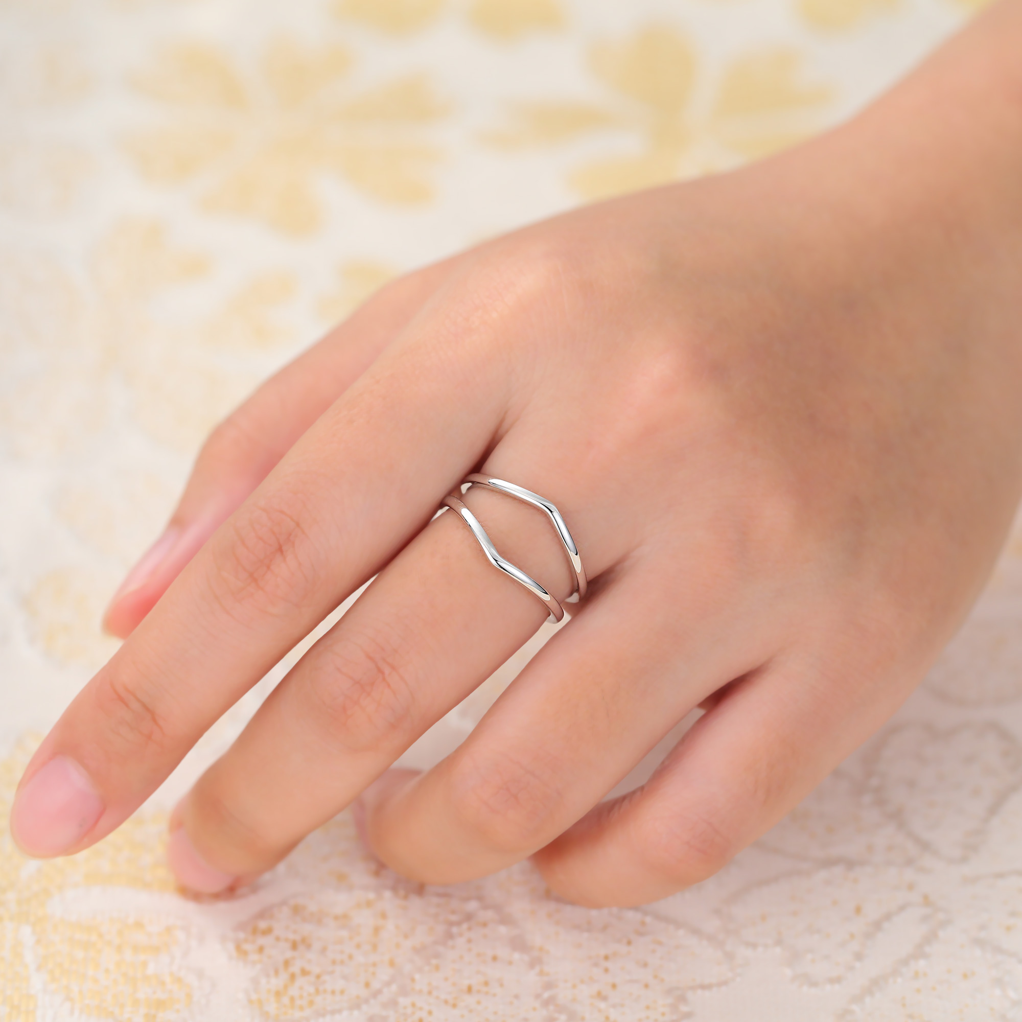 Juyoyo Solid Double Band Ring Curved Wedding Band Stackable Ring 14K White Gold