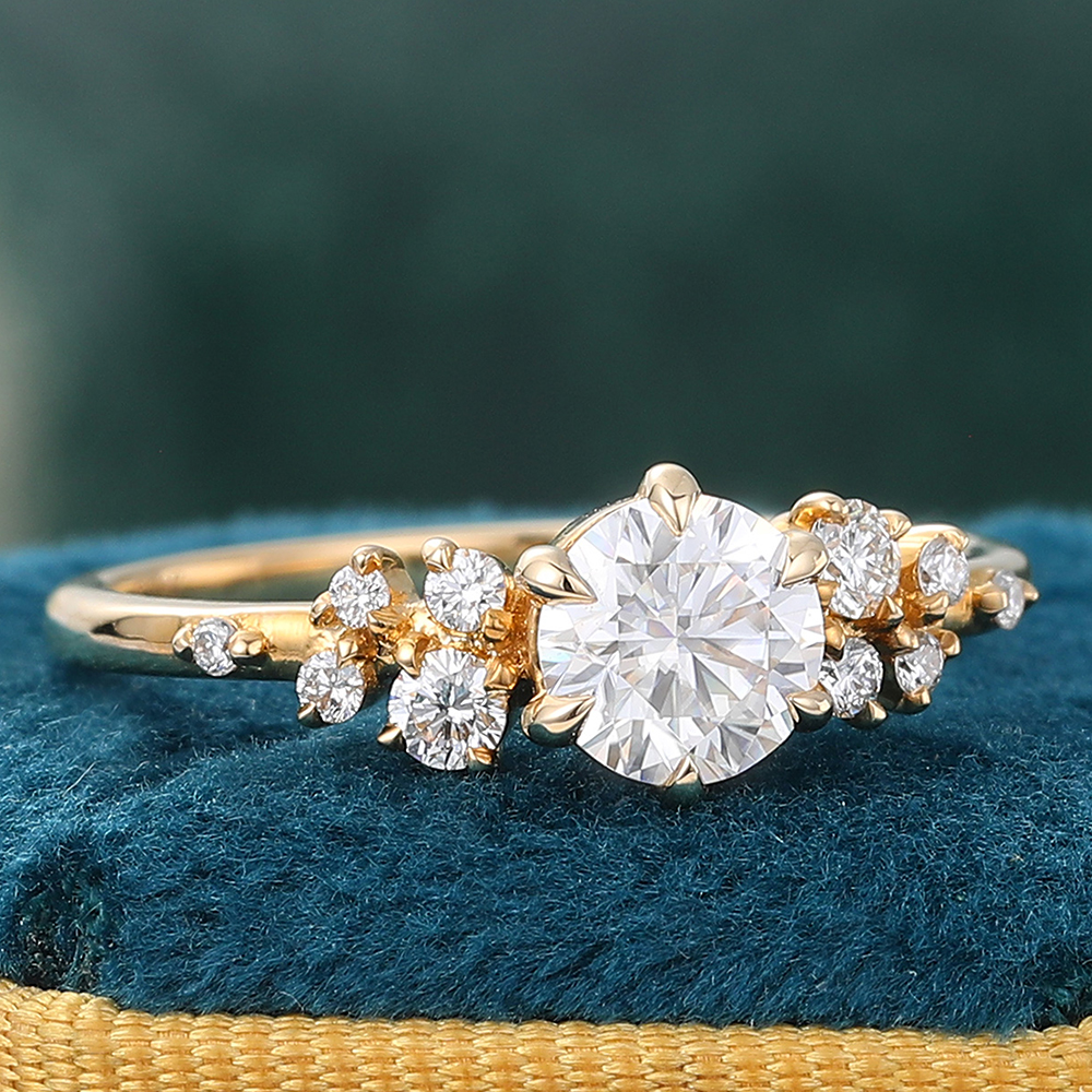 Round Moissanite Engagement Ring Cluster Bridal Ring for Women in 14K Yellow Gold