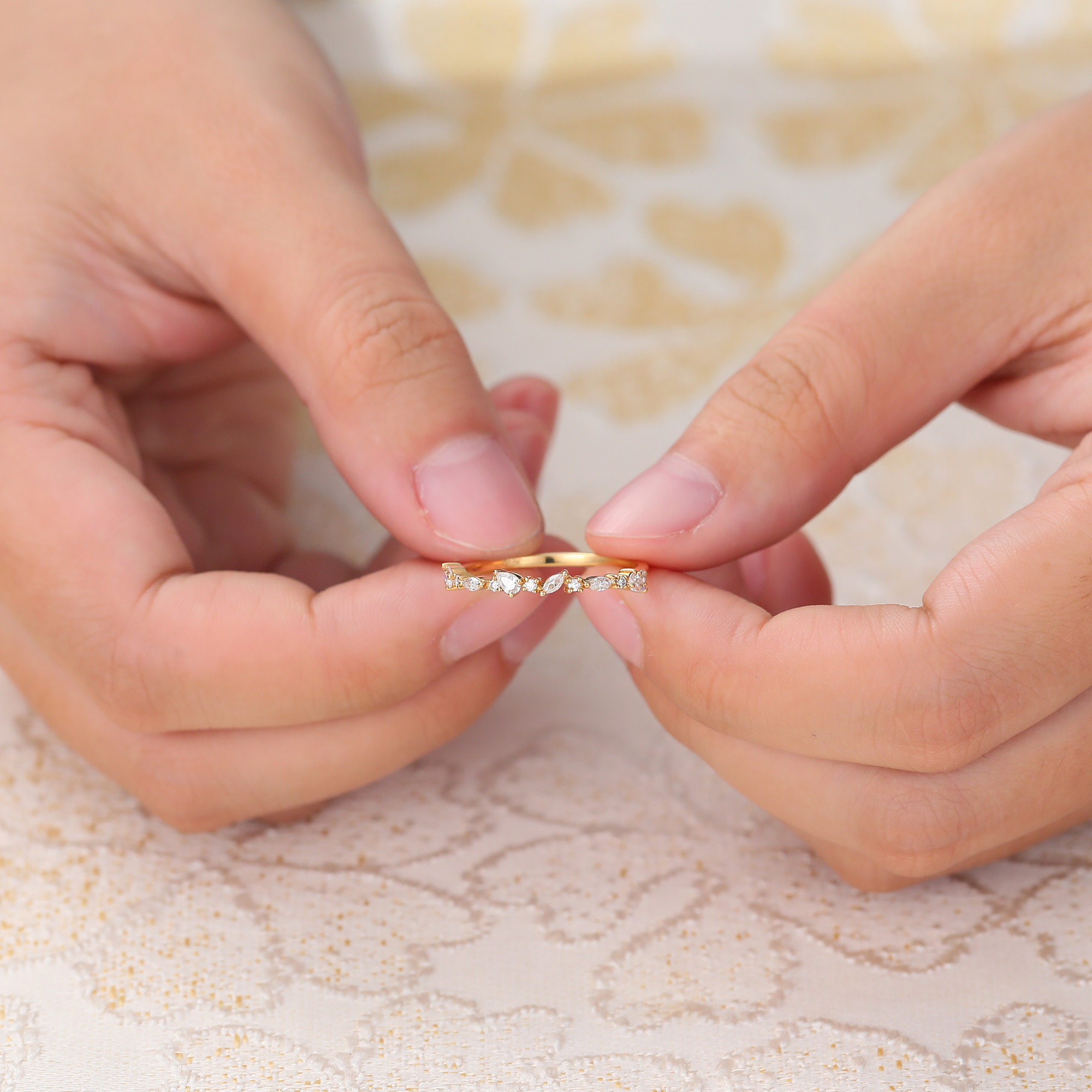 Juyoyo Pear & Marquise & Round Moissanite Wedding Band Anniversary Promise Stacking Ring Yellow Gold