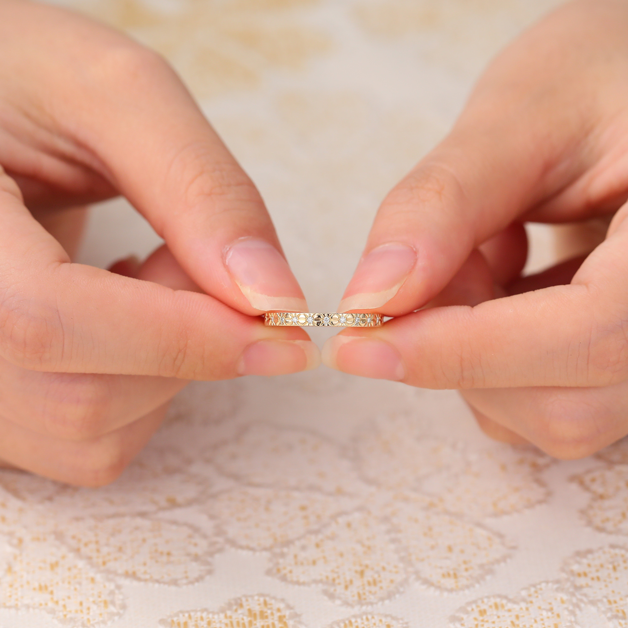 Juyoyo Round Moissanite Eternity Wedding Band Unique Stackable Band - 14K Yellow Gold