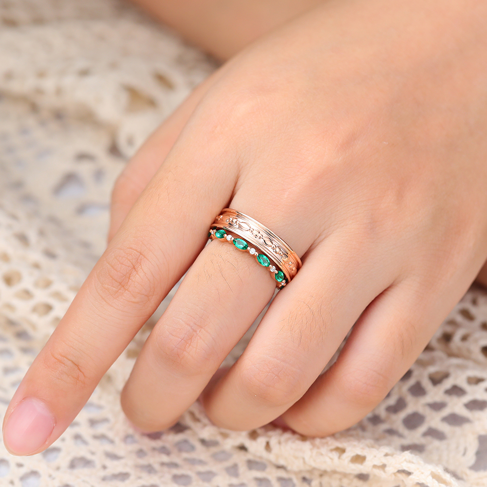 Juyoyo Marquise Cut Emerald Eternity Wedding Band Set Couple Rings Set for Men and Women - 2pcs