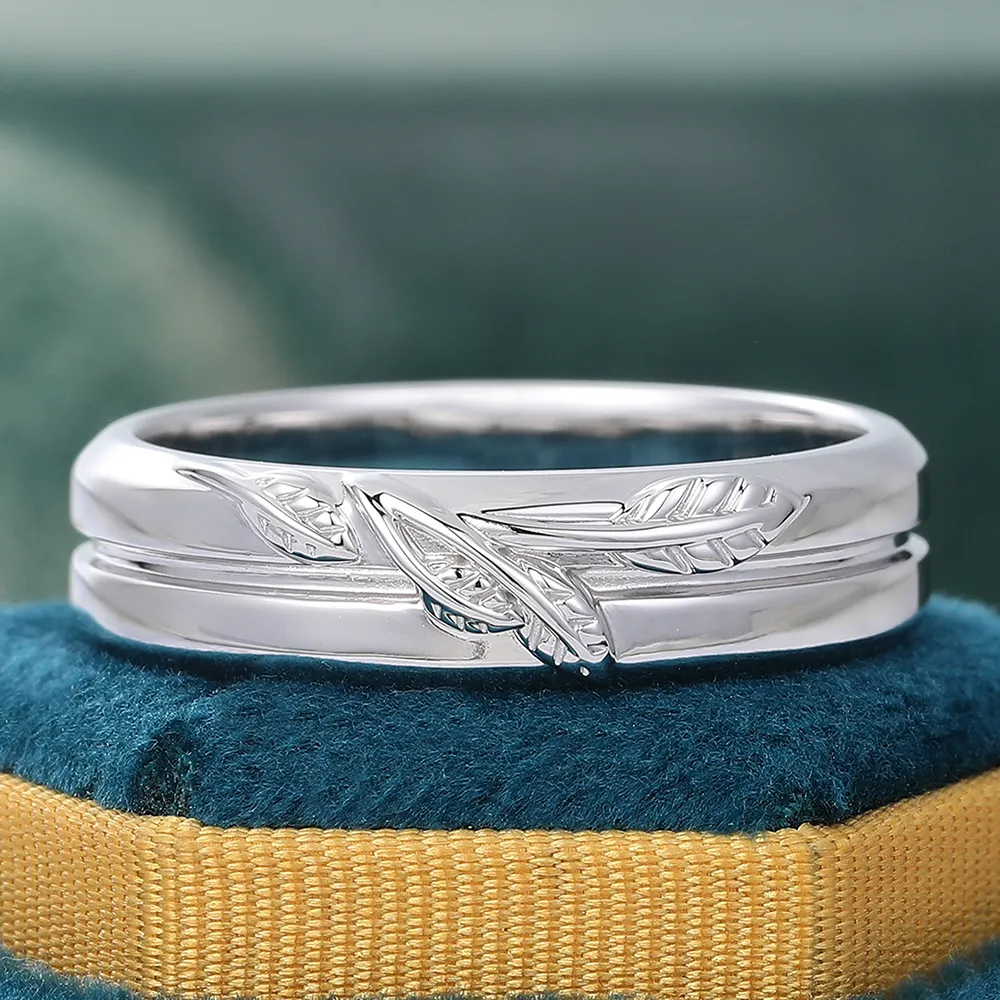 Silver Leaf Engraved Wedding Band for Women/Men Thick Vintage Stacking Ring