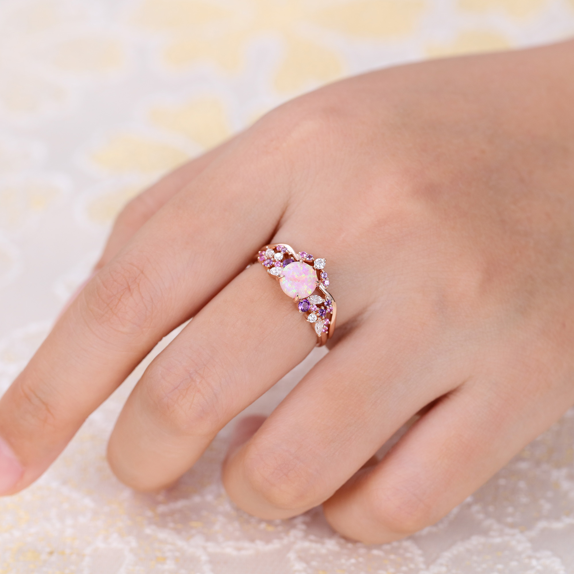 Juyoyo Round Pink Opal Engagement Ring Set Nature Inspired Bridal Set 14K Rose Gold