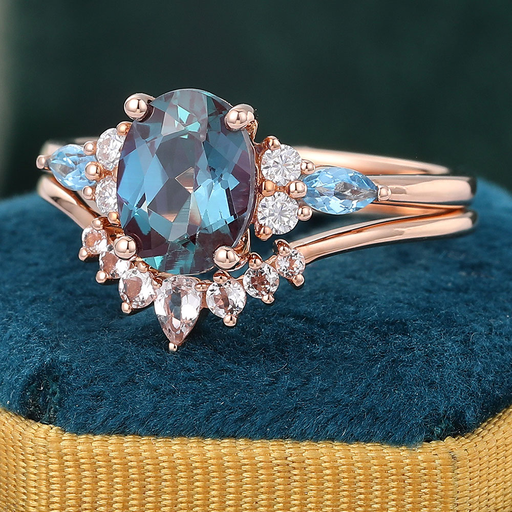 Juyoyo Vintage Oval Cut Alexandrite Engagement Ring Set with Rose Gold Morganite Wedding Band