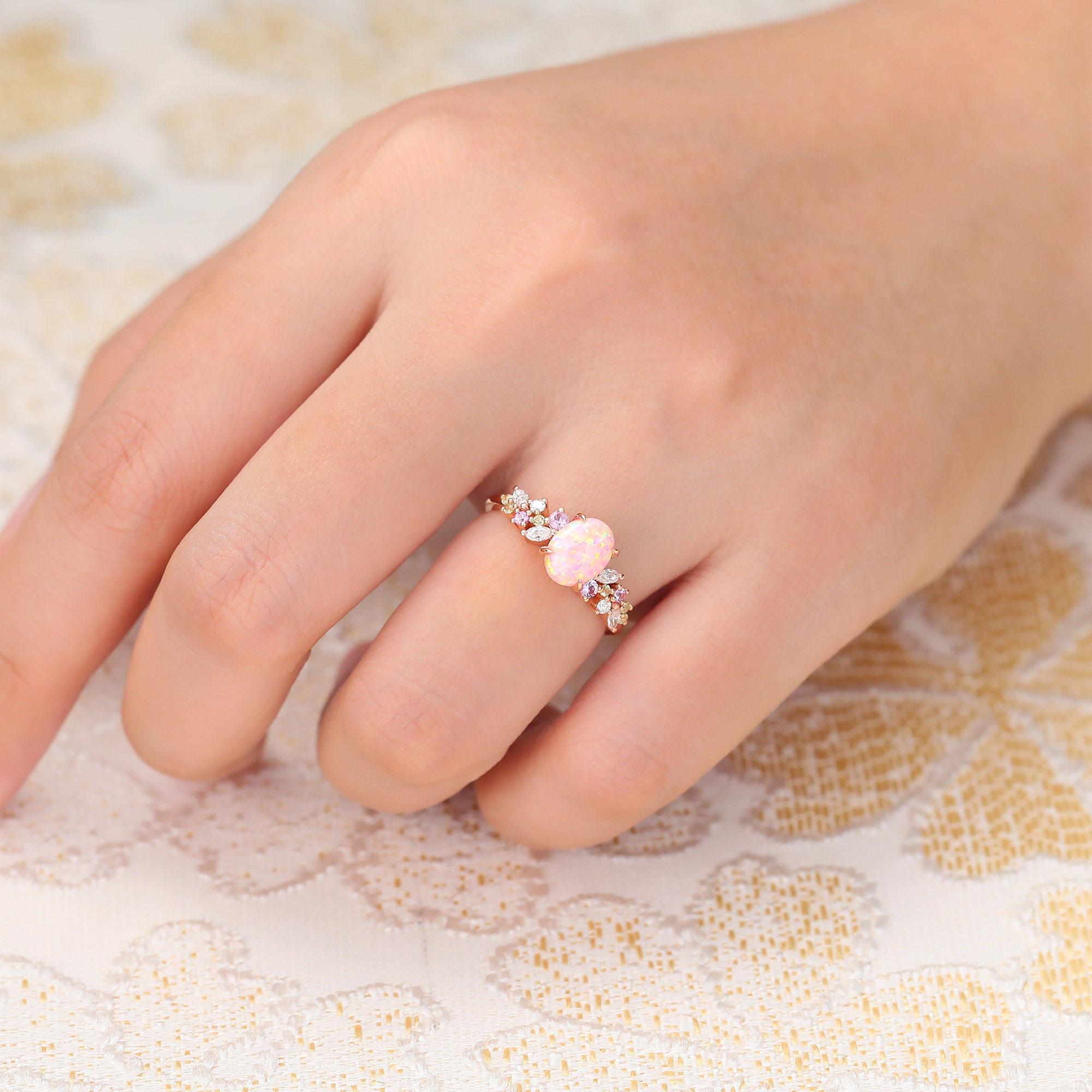 Oval Cut Lab Pink Opal Engagement Ring Vintage Bridal Ring