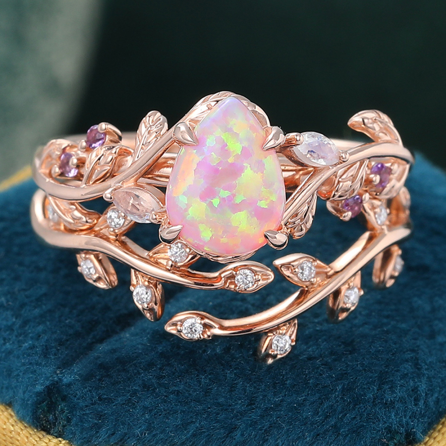 Pear Shaped Pink Opal Wedding Ring Set Moissanite Leaf Stacking Band Women Nature Inspired Ring Set