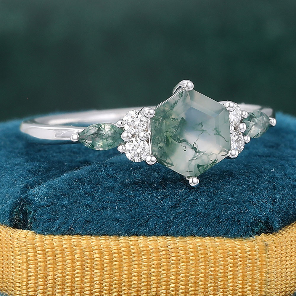 Hexagon Cut Moss Agate Engagement Rings with Diamond Accents Promise Ring in White Gold