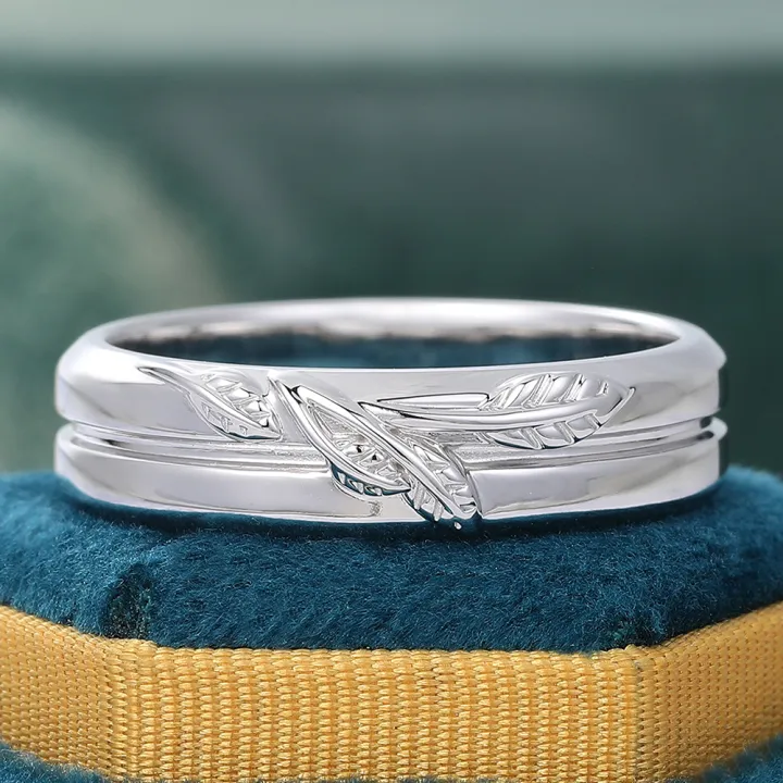 Silver Leaf Engraved Wedding Band for Women/Men Thick Vintage Stacking Ring