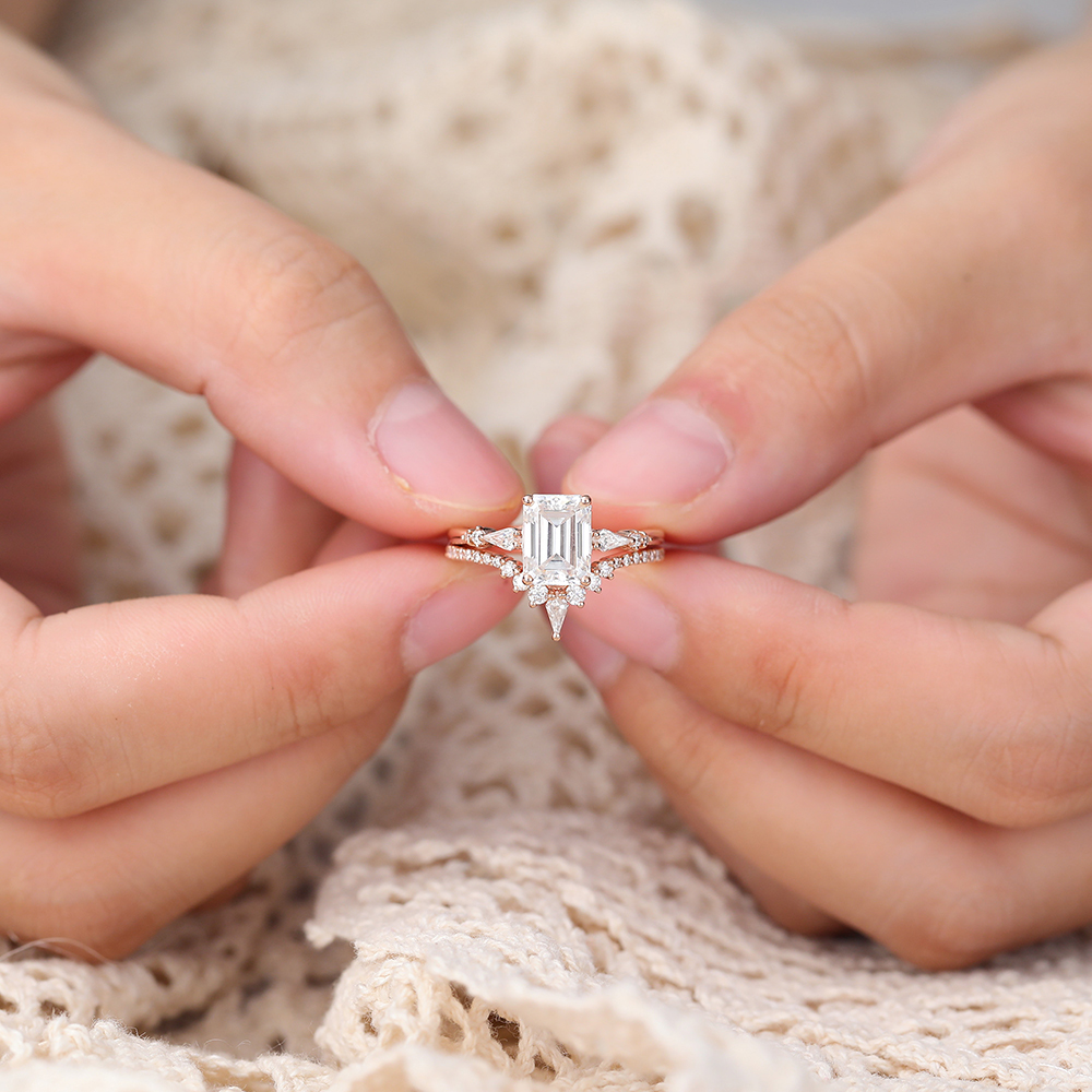 Juyoyo Emerald Cut Moissanite Bridal Ring Set with Pave Diamond Wedding Band Set 14K Rose Gold - 2pcs