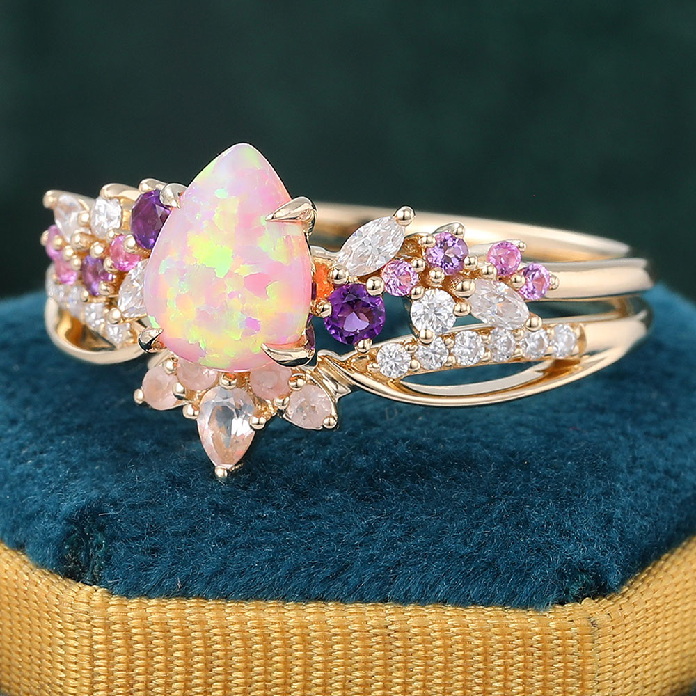 Juyoyo 14K Gold Vintage Lab Pink Opal Bridal Ring Set - 2pcs
