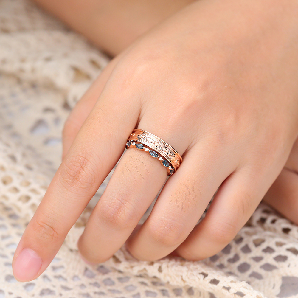 Engraved Wide Plain Band & London Blue Topaz and Diamond Alternating Eternity Band-2pcs