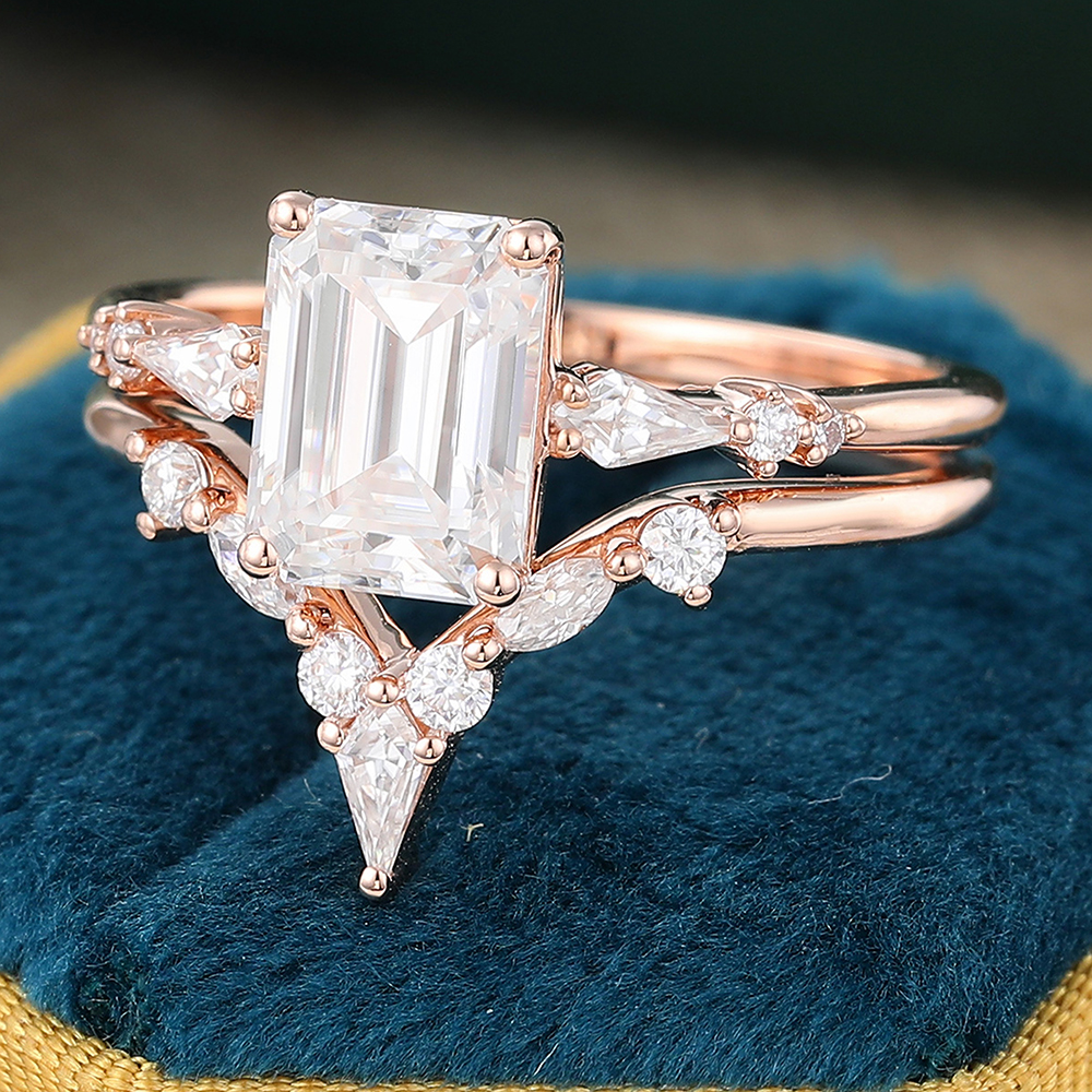 Emerald Cut Moissanite Engagement Ring Set Vintage Wedding Ring Set for Women Juyoyo