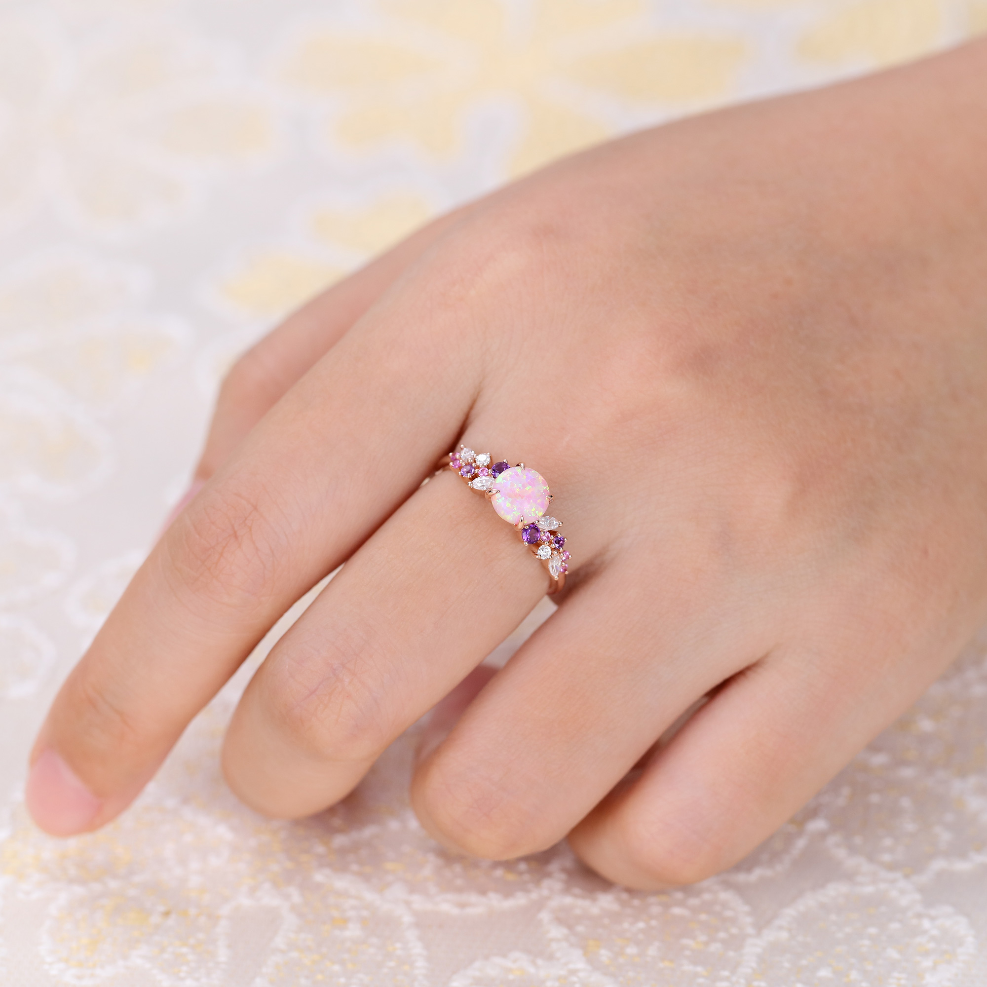 Juyoyo Round Cut Pink Opal Engagement Ring Sapphire Amethyst Moissanite Cluster Promise Ring