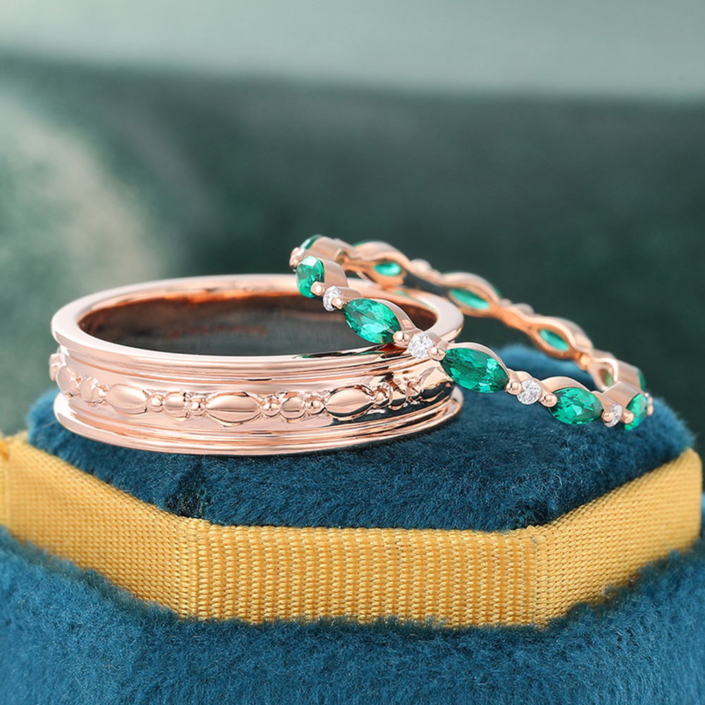 Juyoyo Marquise Cut Emerald Eternity Wedding Band Set Couple Rings Set for Men and Women - 2pcs