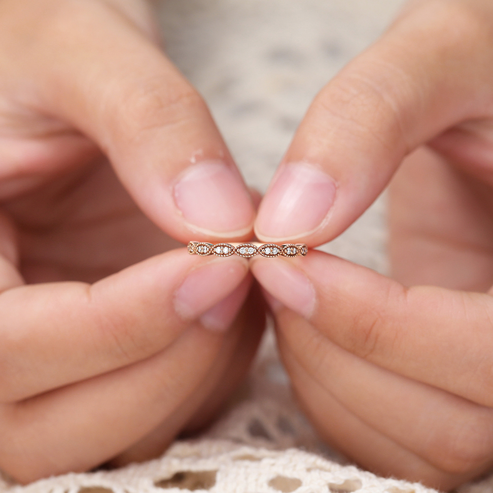 Juyoyo Moissanite Milgrain Wedding Band Navette Accented Rose Gold Stacking Ring