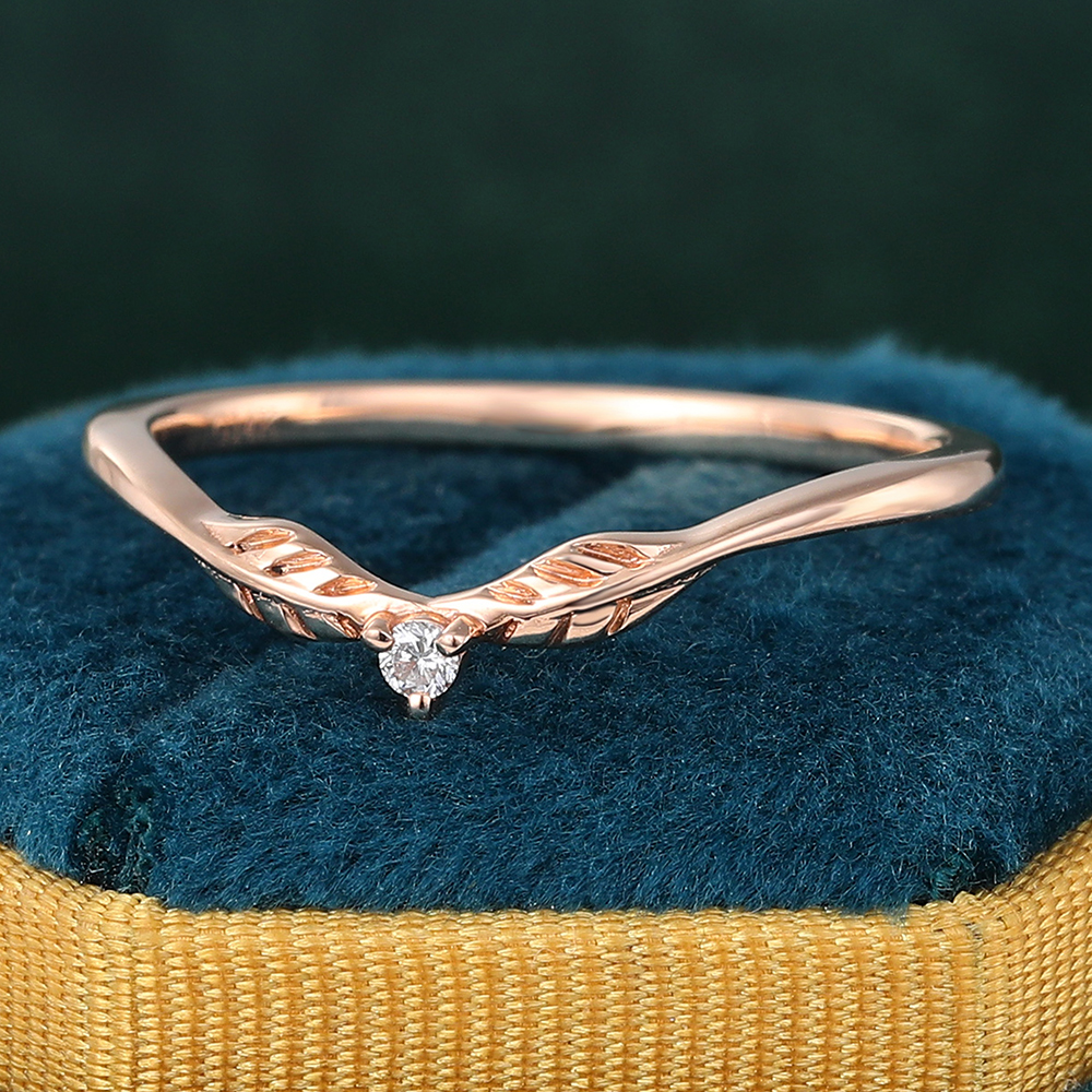 Juyoyo Moissanite Leaf Wedding Band Vintage Diamond Nature Inspired Curved Stacking Band 14k Rose Gold