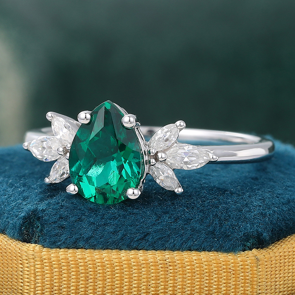 Juyoyo Pear Shaped Emerald Engagement Ring Diamond Cluster Promise Ring in 14K White Gold