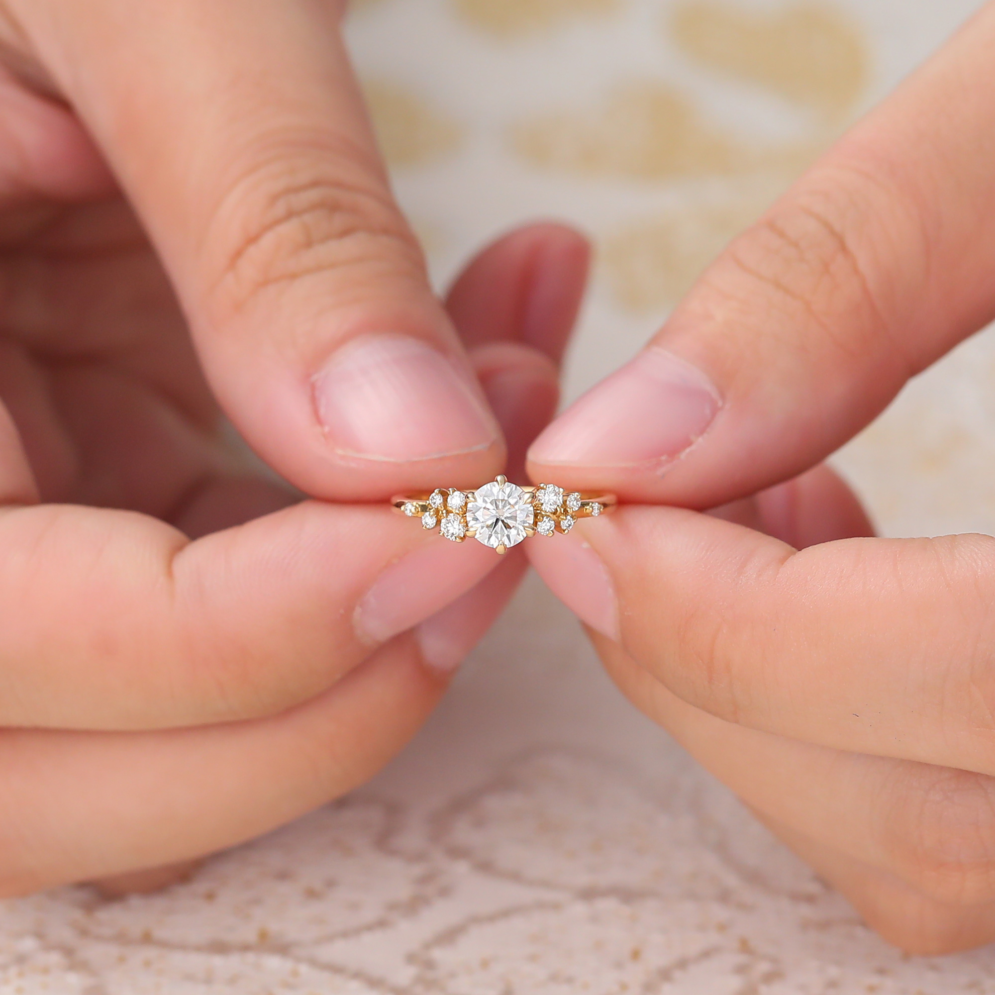 Round Moissanite Engagement Ring Cluster Bridal Ring for Women in 14K Yellow Gold