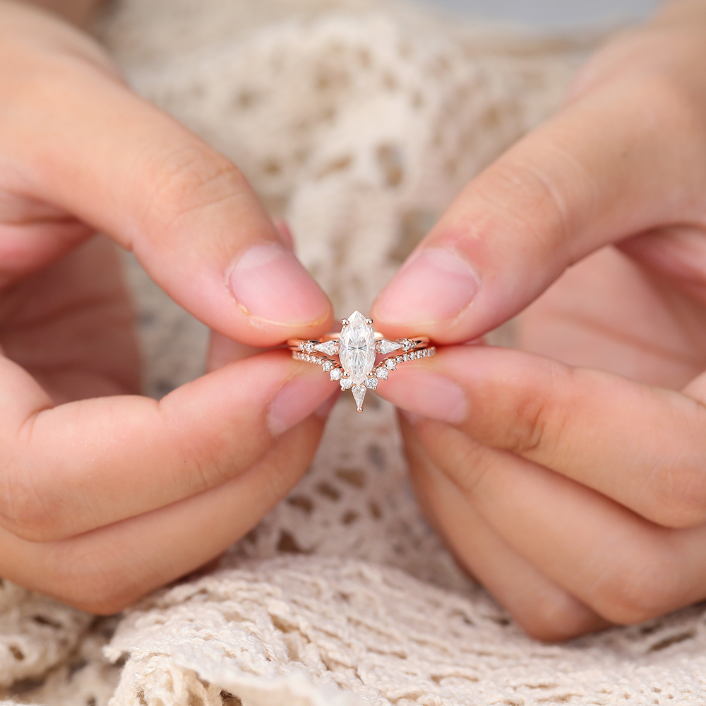 Juyoyo Marquise Cut Moissanite Ring Set with Pave Diamond Wedding Band Engagement Ring Set - 2pcs