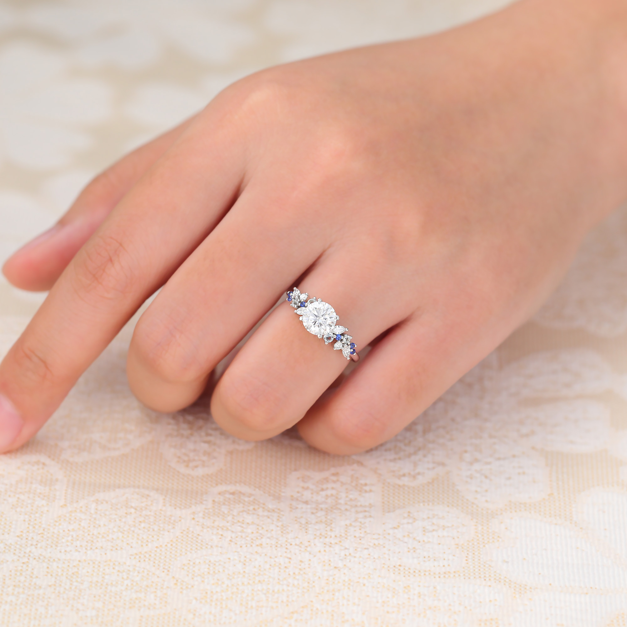 Juyoyo Round Moissanite Cluster Engagement Ring with Sapphire & Aquamarine & Diamond Accents 