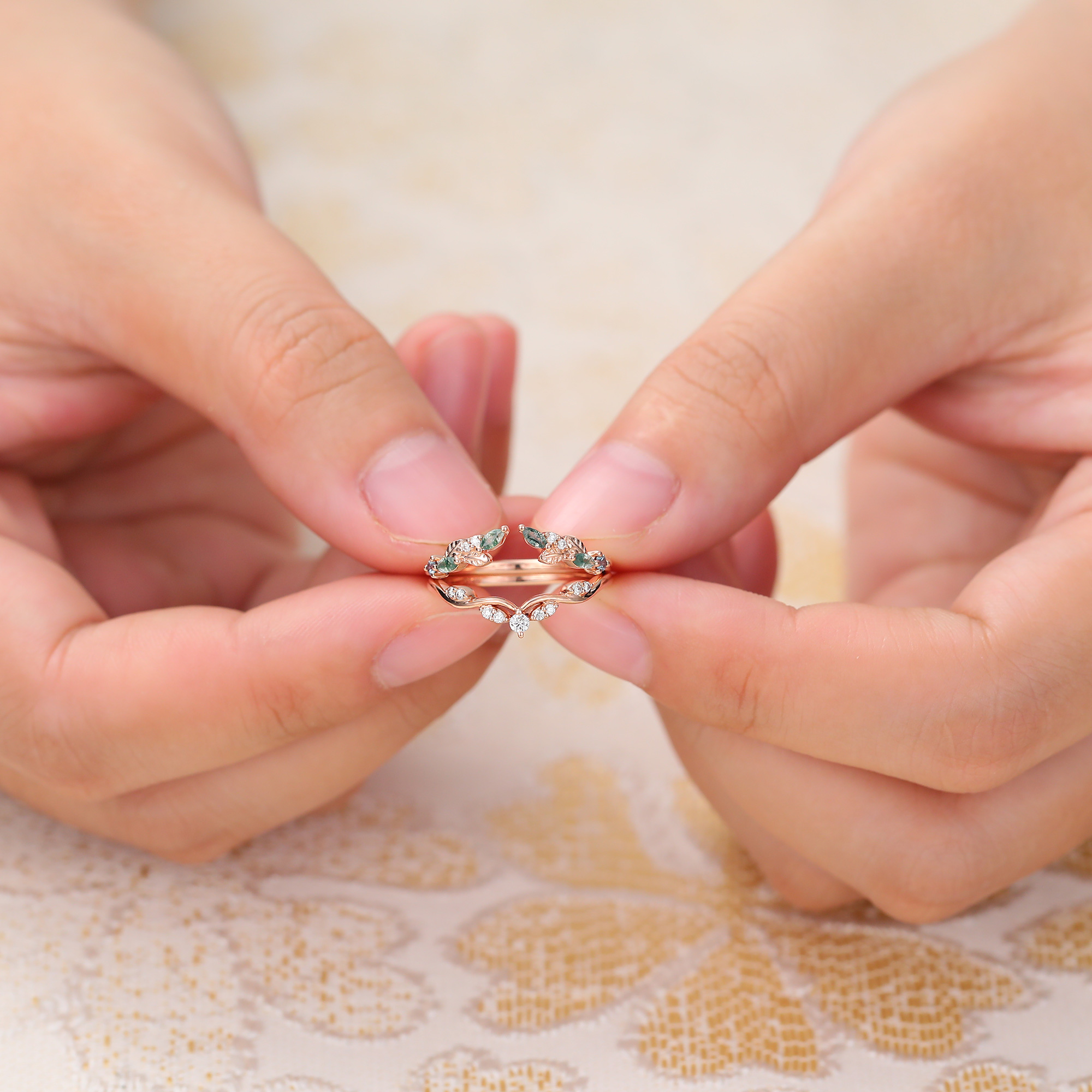 Juyoyo Unique Moss Agate & Moissanite & Alexandrite Double Curved Wedding Band Stacking Ring Rose Gold