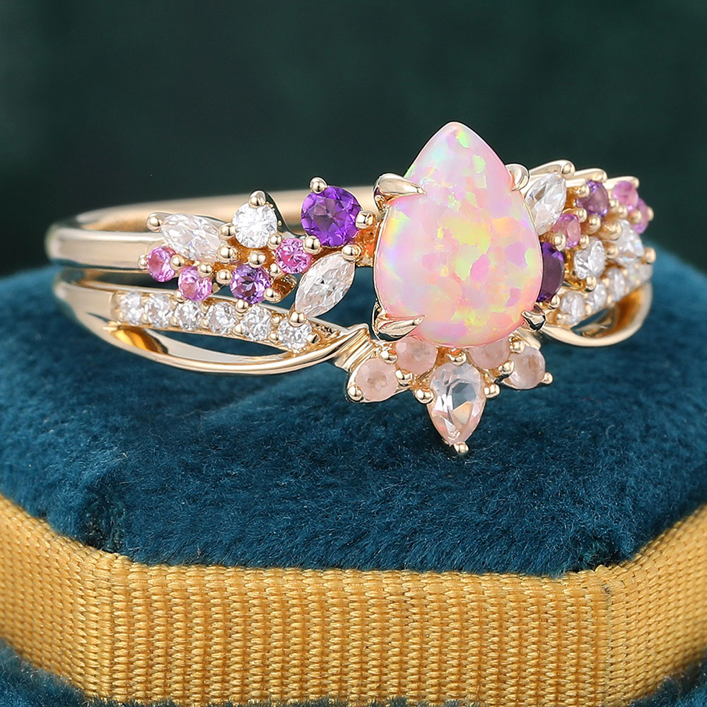 Juyoyo 14K Gold Vintage Lab Pink Opal Bridal Ring Set - 2pcs