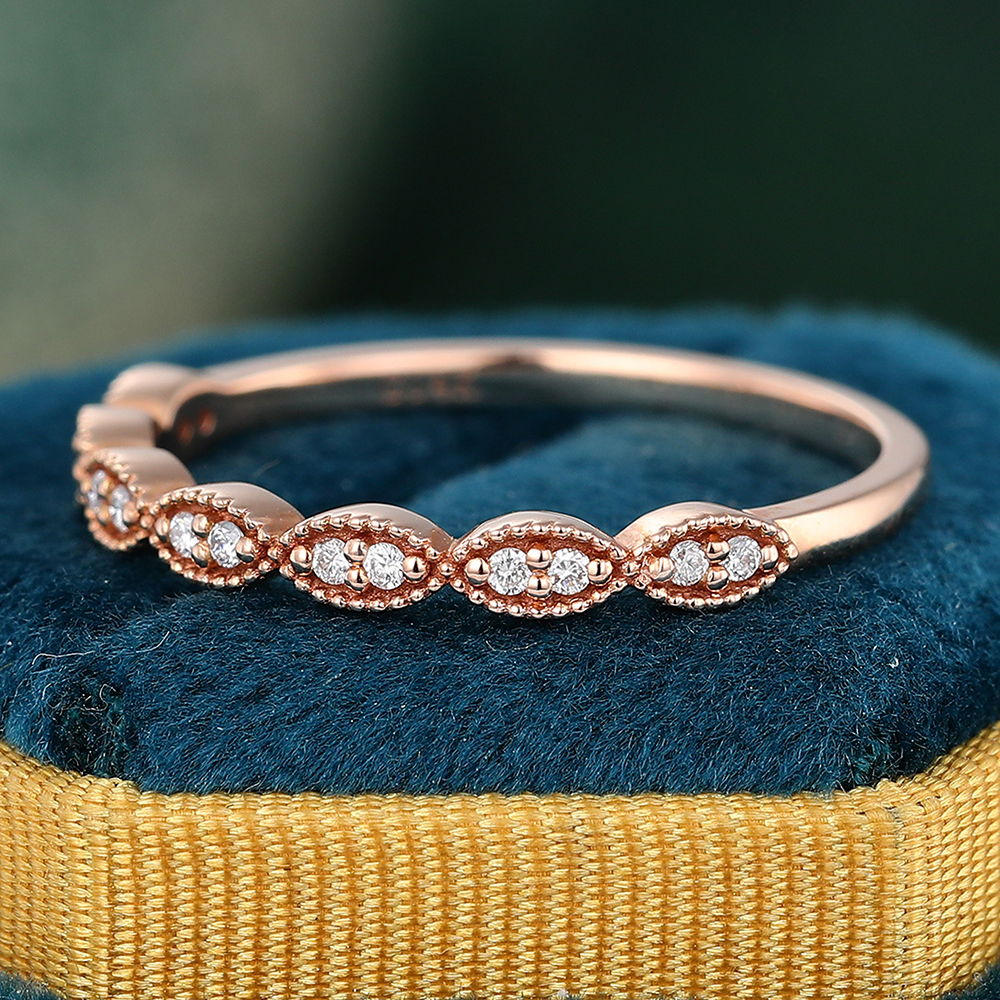 Juyoyo Moissanite Milgrain Wedding Band Navette Accented Rose Gold Stacking Ring