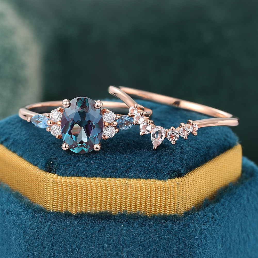 Juyoyo Vintage Oval Cut Alexandrite Engagement Ring Set with Rose Gold Morganite Wedding Band
