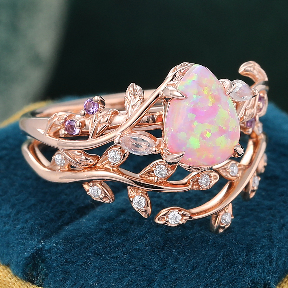 Juyoyo Pear Pink Opal Wedding Ring Set Moissanite Leaf Stacking Band Women Nature Inspired Ring Set